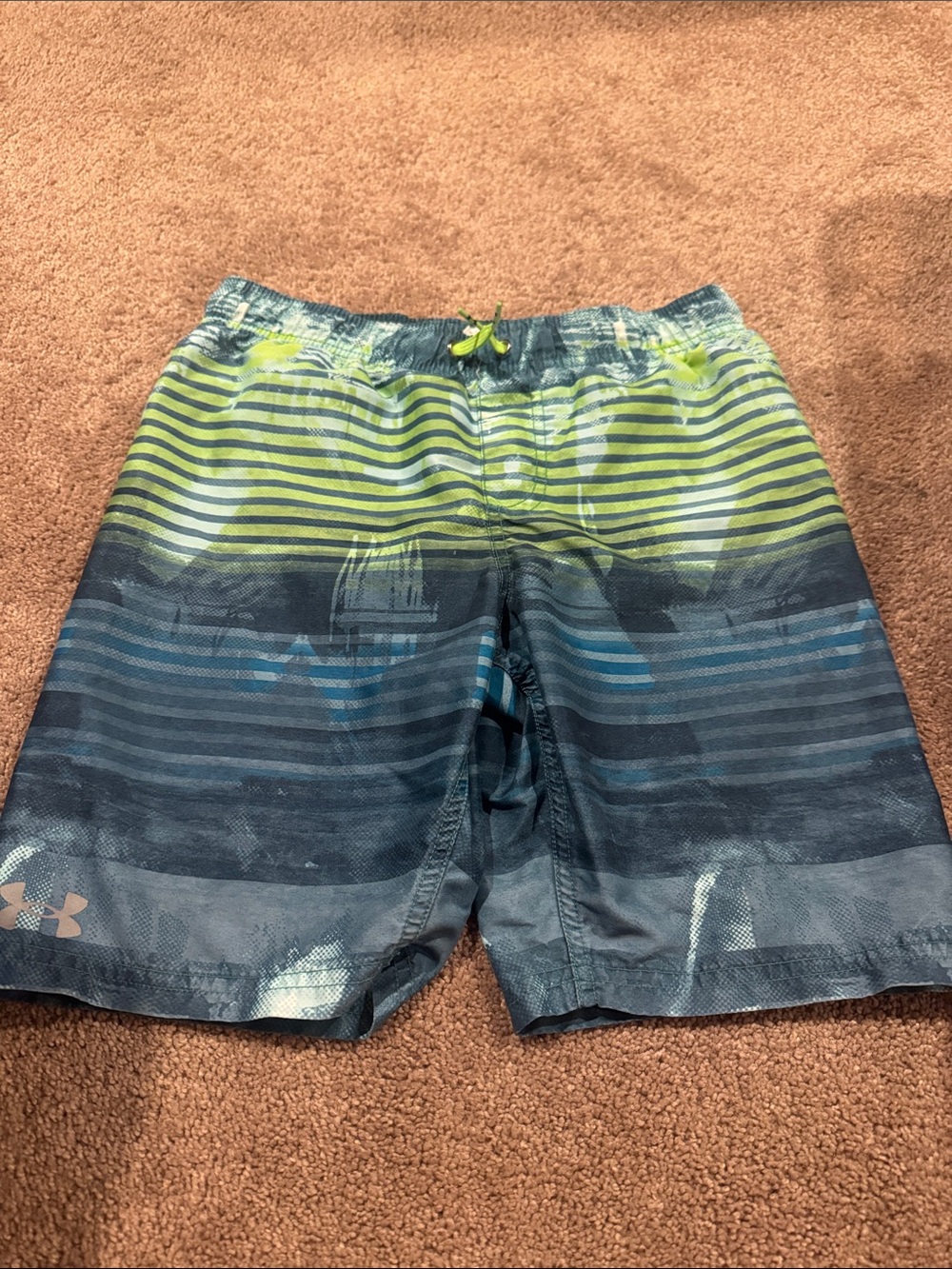 Under Armour Blue and Neon Green Striped Swim Shorts